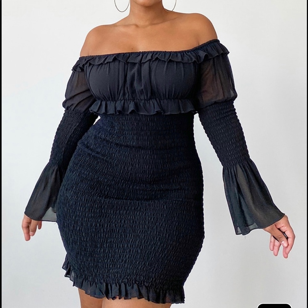 PLT Black Chiffon Shirred Bodycon Dress